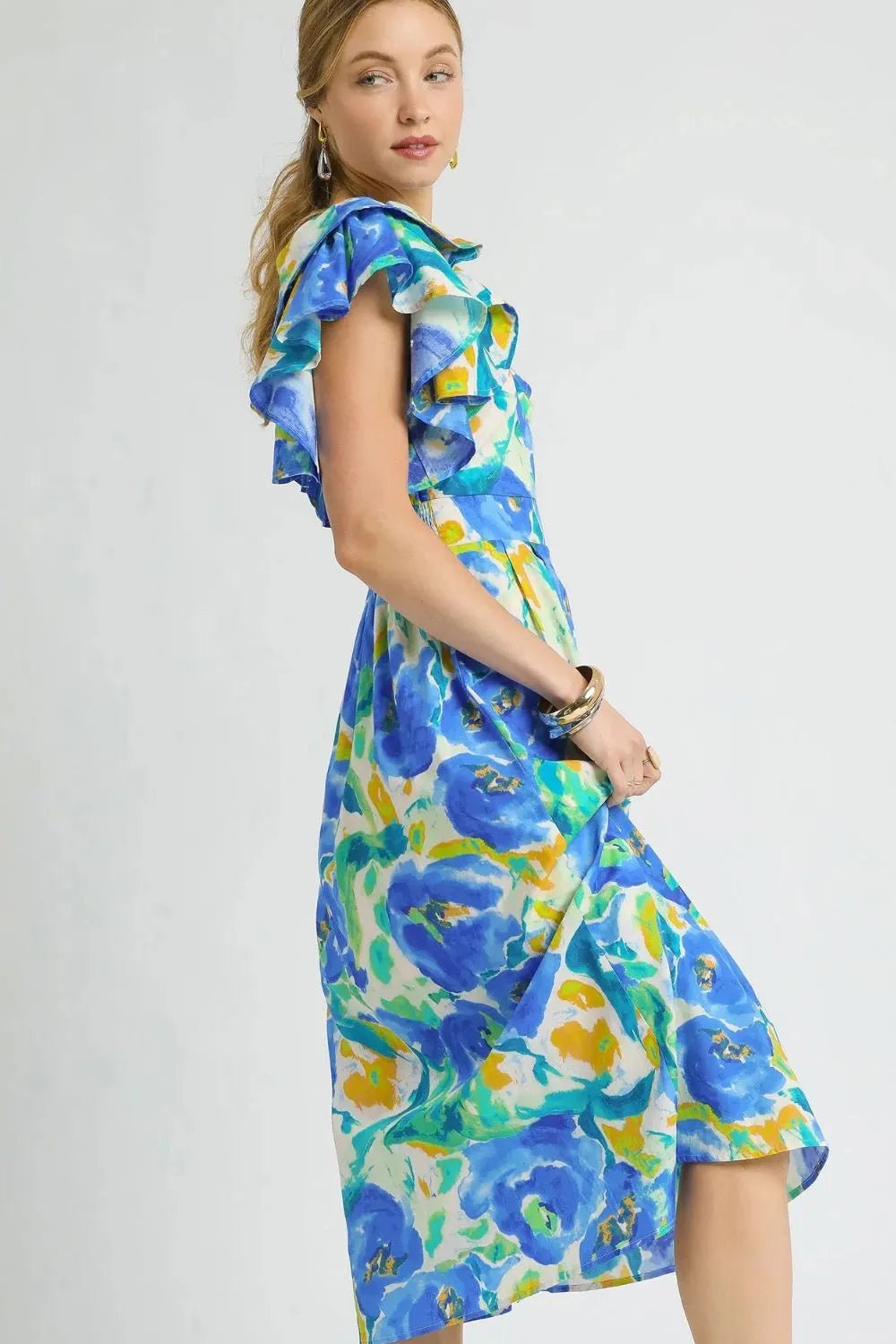 Umgee Floral Ruffled Cap Sleeve Midi Dress - Blu Lotus Boutique