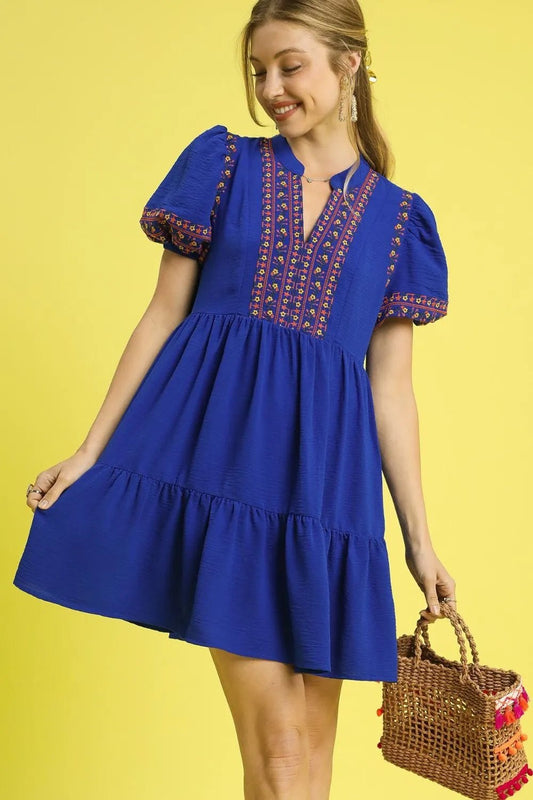 Umgee Floral Trim Puff Sleeve Mini Dress - Blu Lotus Boutique