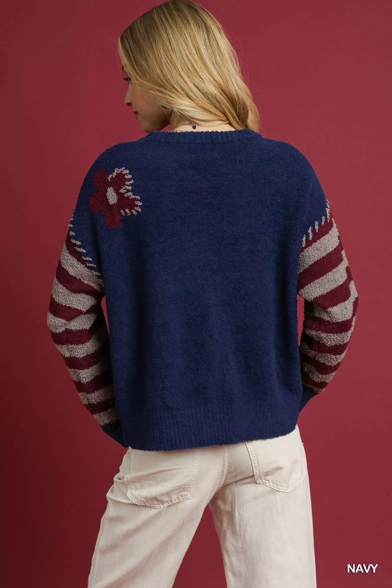 Umgee Flower Jacquard Striped Long Sleeve Sweater - Blu Lotus Boutique