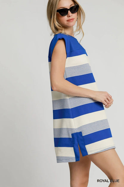 Umgee French Terry Side Slit Striped Mini Dress - Blu Lotus Boutique