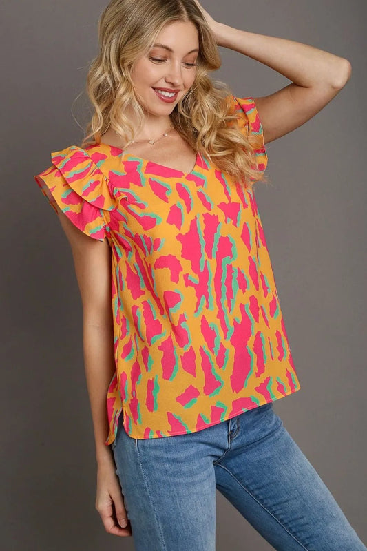 Umgee Full Size Abstract Print V - Neck Double Layer Ruffle Sleeve Blouse Plus Size - Blu Lotus Boutique