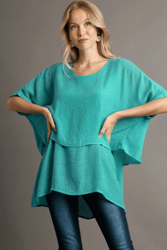Umgee Full Size Cuffed Half Sleeve Layered Top Plus Size - Blu Lotus Boutique