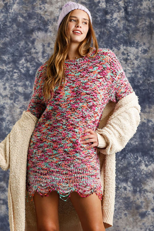 Umgee Full Size Distressed Hem Multicolored Round Neck Knit Tunic Dress Plus Size - Blu Lotus Boutique
