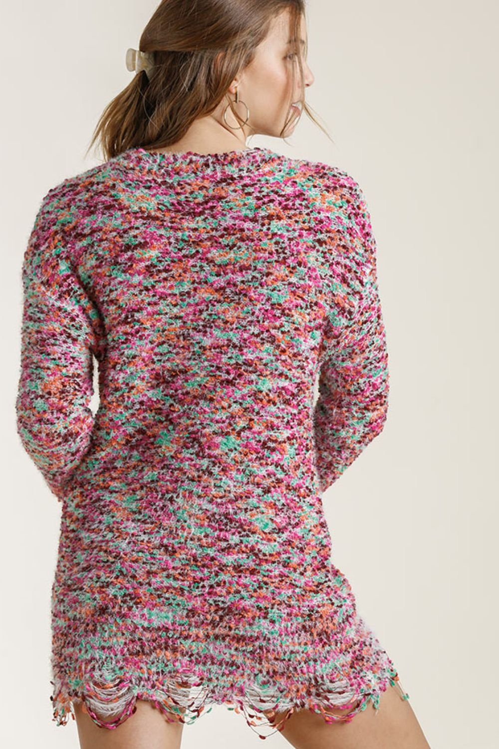 Umgee Full Size Distressed Hem Multicolored Round Neck Knit Tunic Dress Plus Size - Blu Lotus Boutique
