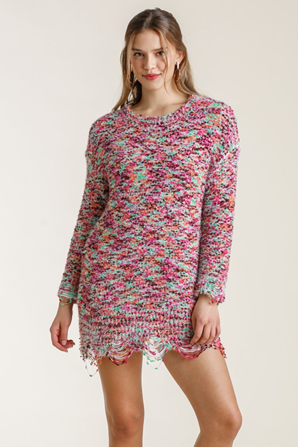 Umgee Full Size Distressed Hem Multicolored Round Neck Knit Tunic Dress Plus Size - Blu Lotus Boutique