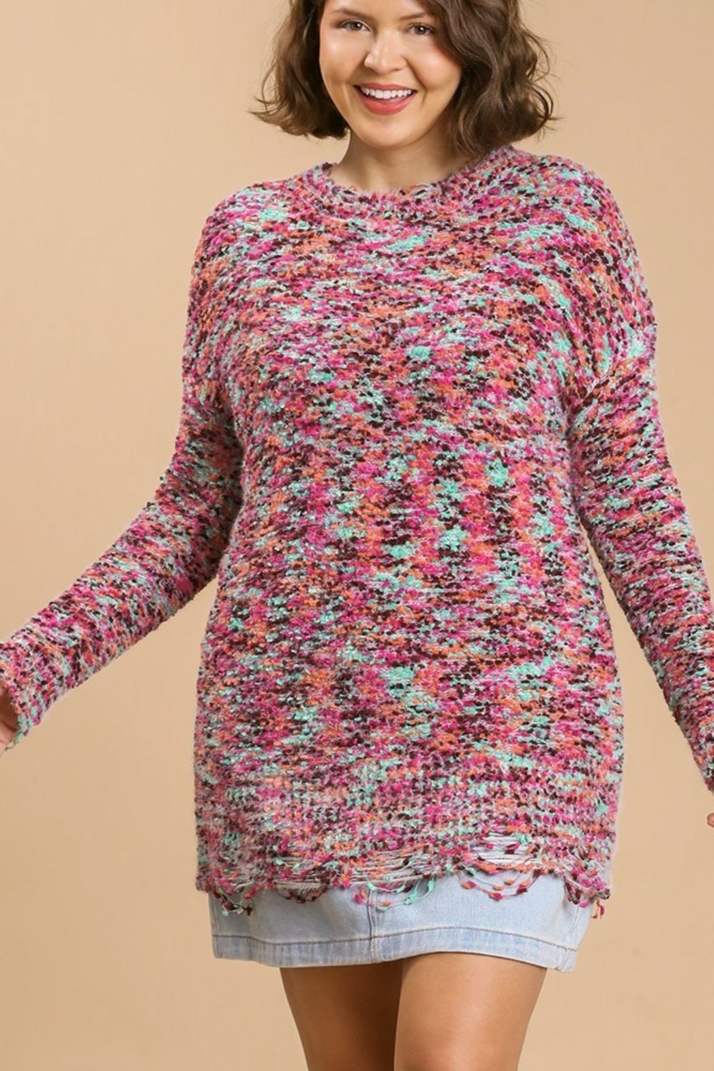 Umgee Full Size Distressed Hem Multicolored Round Neck Knit Tunic Dress Plus Size - Blu Lotus Boutique