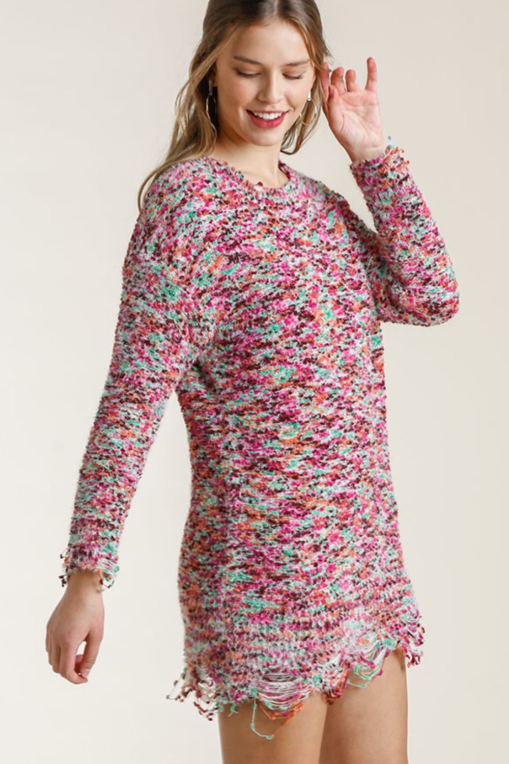 Umgee Full Size Distressed Hem Multicolored Round Neck Knit Tunic Dress Plus Size - Blu Lotus Boutique