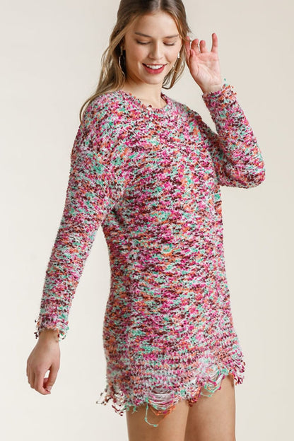 Umgee Full Size Distressed Hem Multicolored Round Neck Knit Tunic Dress Plus Size - Blu Lotus Boutique