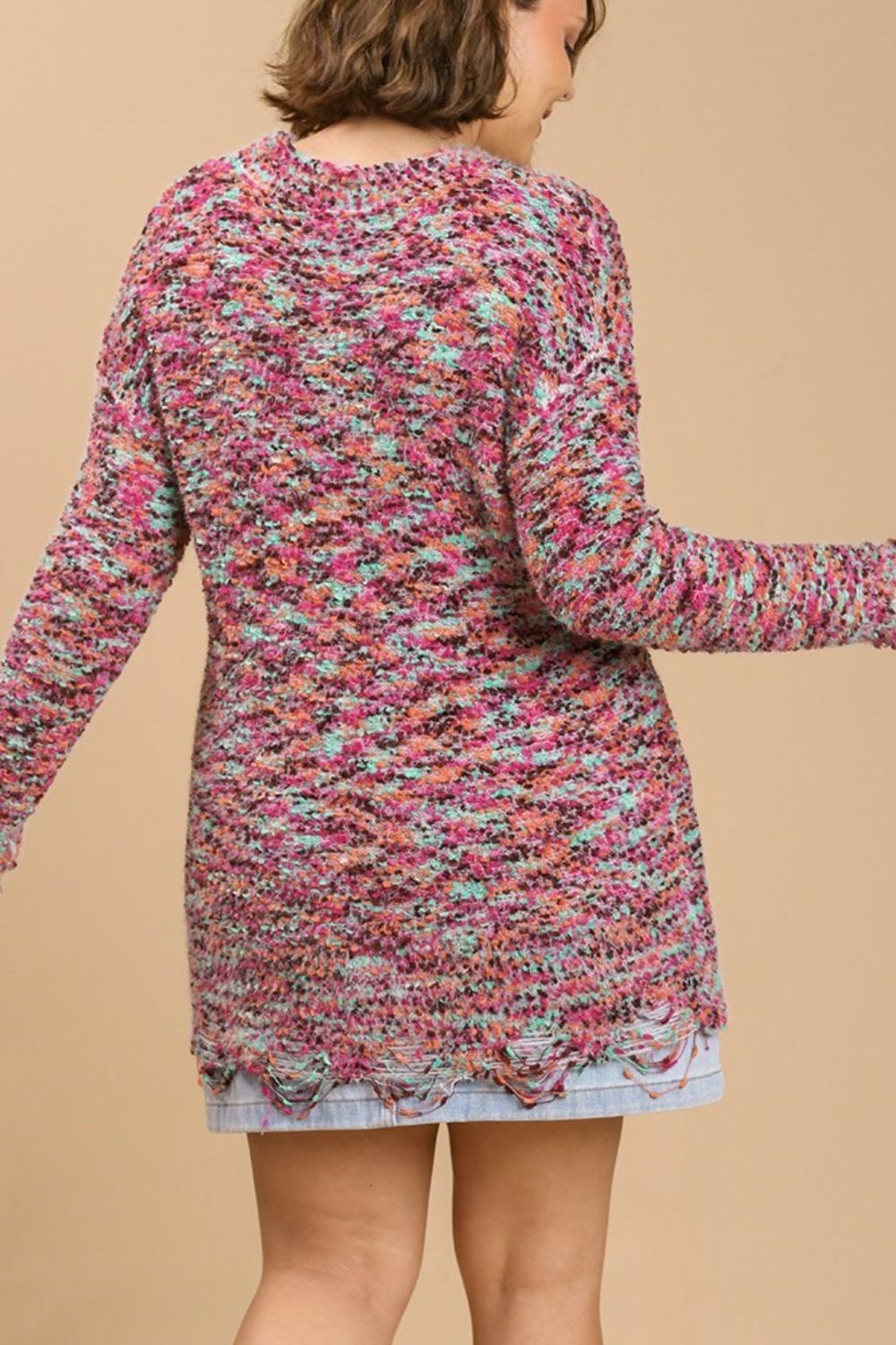 Umgee Full Size Distressed Hem Multicolored Round Neck Knit Tunic Dress Plus Size - Blu Lotus Boutique