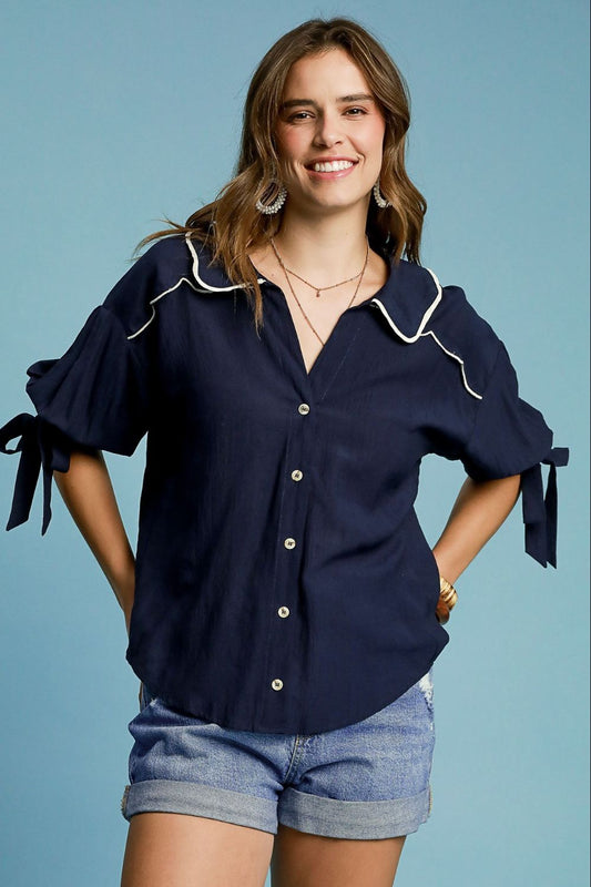 Umgee Full Size Embroidered Detail Button Down Shirt Plus Size - Blu Lotus Boutique