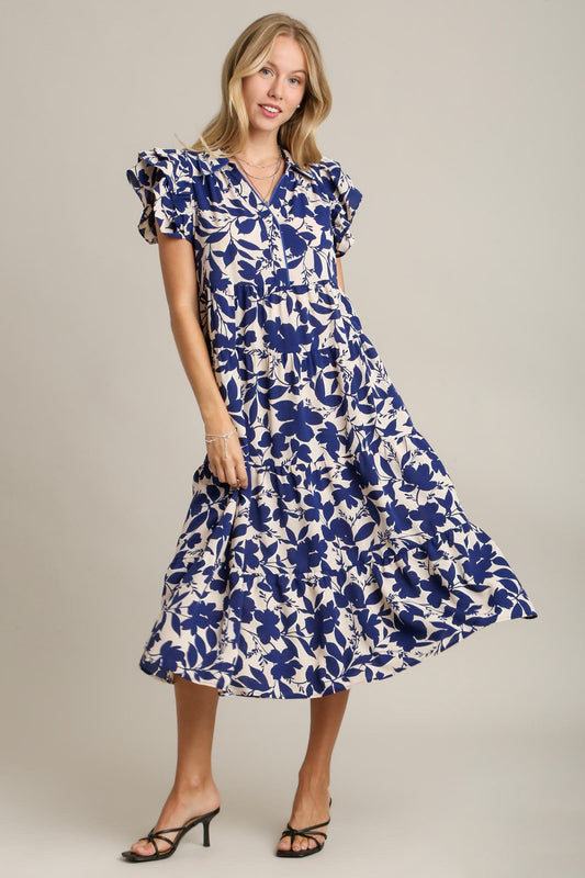 Umgee Full Size Floral Collared Ruffle Cap Sleeve Midi Dress Plus Size - Blu Lotus Boutique