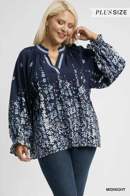 Umgee Full Size Floral Vine Print Blouse with Balloon Sleeves Plus Size - Blu Lotus Boutique