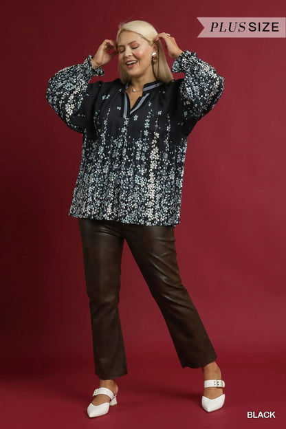 Umgee Full Size Floral Vine Print Blouse with Balloon Sleeves Plus Size - Blu Lotus Boutique
