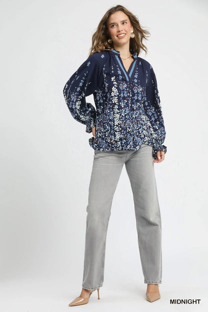 Umgee Full Size Floral Vine Print Blouse with Balloon Sleeves Plus Size - Blu Lotus Boutique