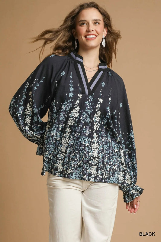 Umgee Full Size Floral Vine Print Blouse with Balloon Sleeves Plus Size - Blu Lotus Boutique