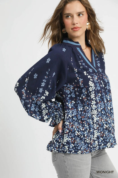 Umgee Full Size Floral Vine Print Blouse with Balloon Sleeves Plus Size - Blu Lotus Boutique