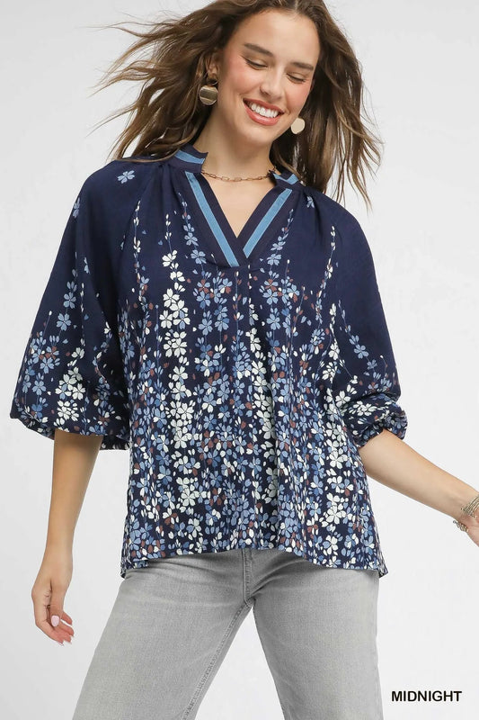 Umgee Full Size Floral Vine Print Blouse with Balloon Sleeves Plus Size - Blu Lotus Boutique