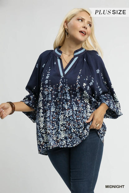 Umgee Full Size Floral Vine Print Blouse with Balloon Sleeves Plus Size - Blu Lotus Boutique