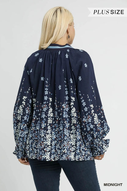 Umgee Full Size Floral Vine Print Blouse with Balloon Sleeves Plus Size - Blu Lotus Boutique