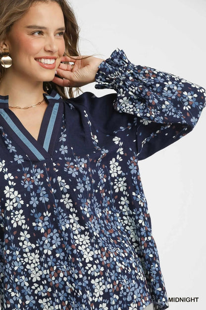 Umgee Full Size Floral Vine Print Blouse with Balloon Sleeves Plus Size - Blu Lotus Boutique