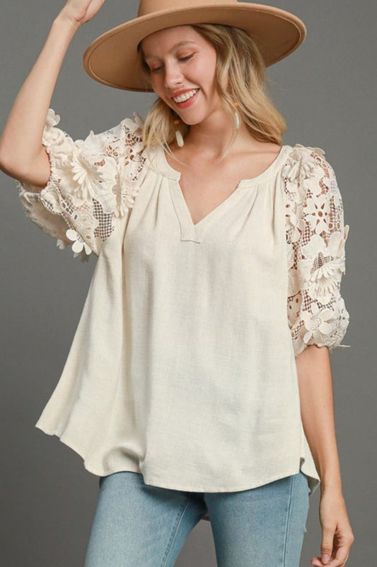 Umgee Full Size French Terry Boxy Cut Top with 3D Floral Sleeve Plus Size - Blu Lotus Boutique
