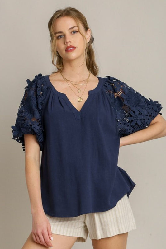 Umgee Full Size French Terry Boxy Cut Top with 3D Floral Sleeve Plus Size - Blu Lotus Boutique