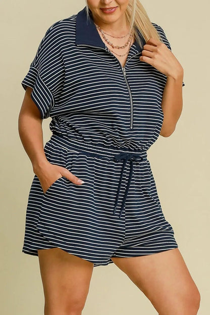 Umgee Full Size Half Zip Striped Romper Plus Size - Blu Lotus Boutique