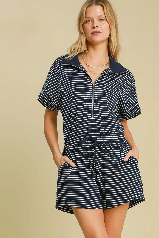 Umgee Full Size Half Zip Striped Romper Plus Size - Blu Lotus Boutique