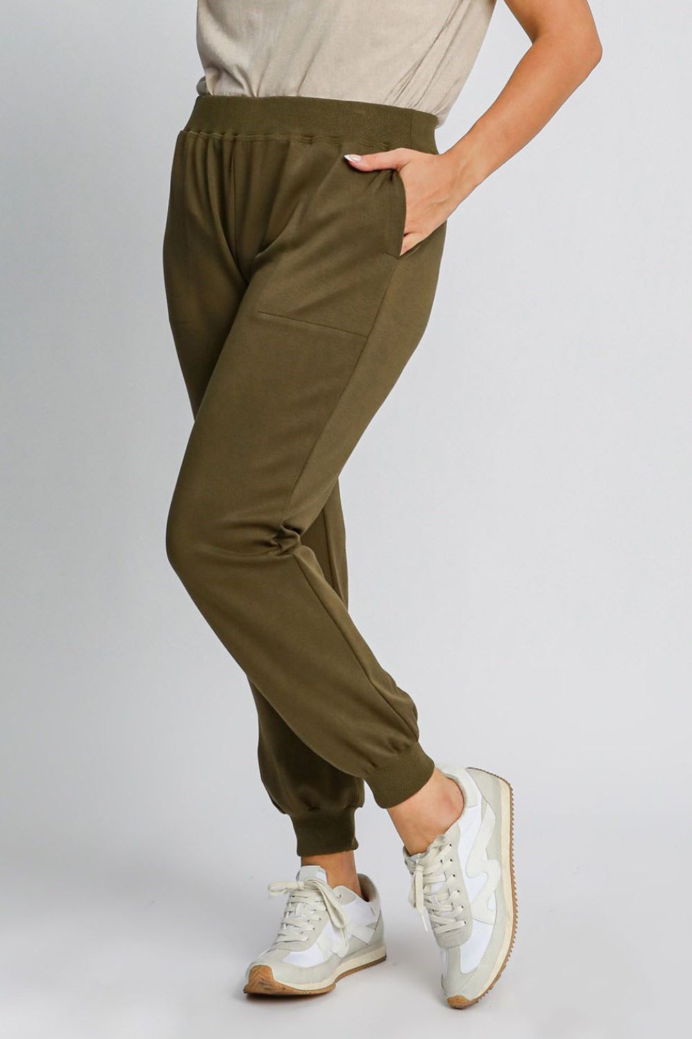 Umgee Full Size High Rise Elastic Waist Knit Joggers with Pockets Plus Size - Blu Lotus Boutique