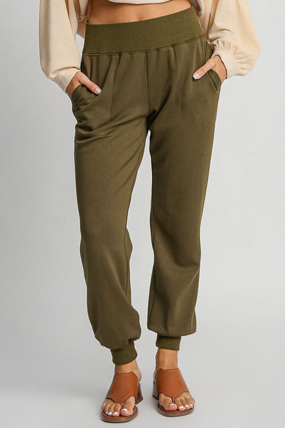 Umgee Full Size High Rise Elastic Waist Knit Joggers with Pockets Plus Size - Blu Lotus Boutique