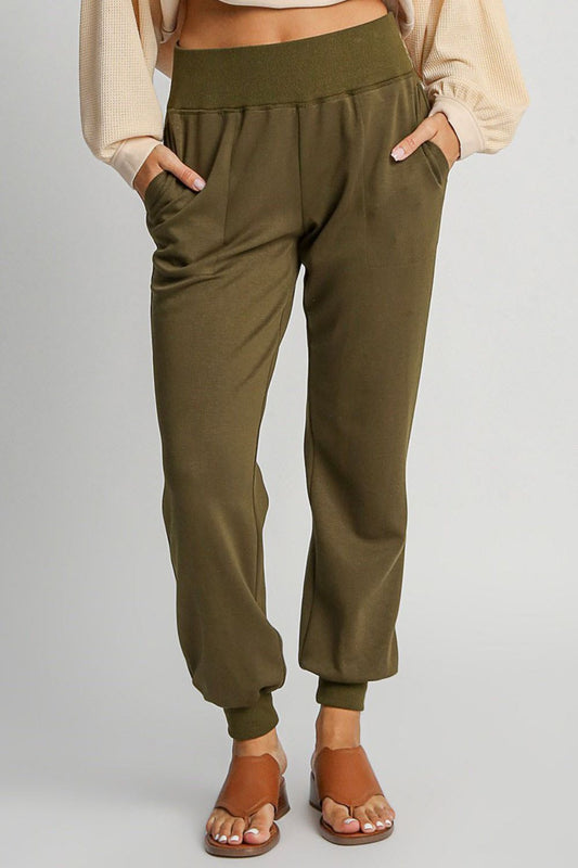 Umgee Full Size High Rise Elastic Waist Knit Joggers with Pockets Plus Size - Blu Lotus Boutique