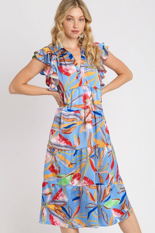 Umgee Full Size Leaf Print Double Layered Ruffle Sleeve Tiered Midi Dress Plus Size - Blu Lotus Boutique