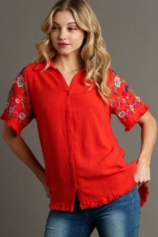 Umgee Full Size Linen Shirt with Embroidered Sleeves Plus Size - Blu Lotus Boutique