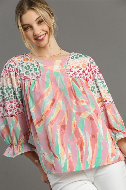 Umgee Full Size Mixed Print Lace Trim Top Plus Size - Blu Lotus Boutique