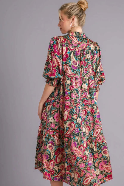 Umgee Full Size Paisley Print Satin Tiered Midi Dress Plus Size - Blu Lotus Boutique