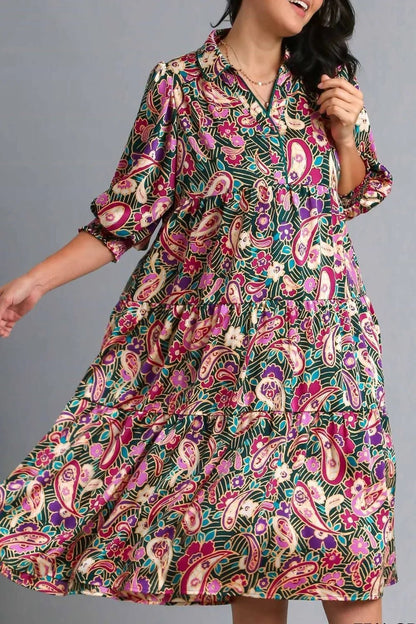 Umgee Full Size Paisley Print Satin Tiered Midi Dress Plus Size - Blu Lotus Boutique