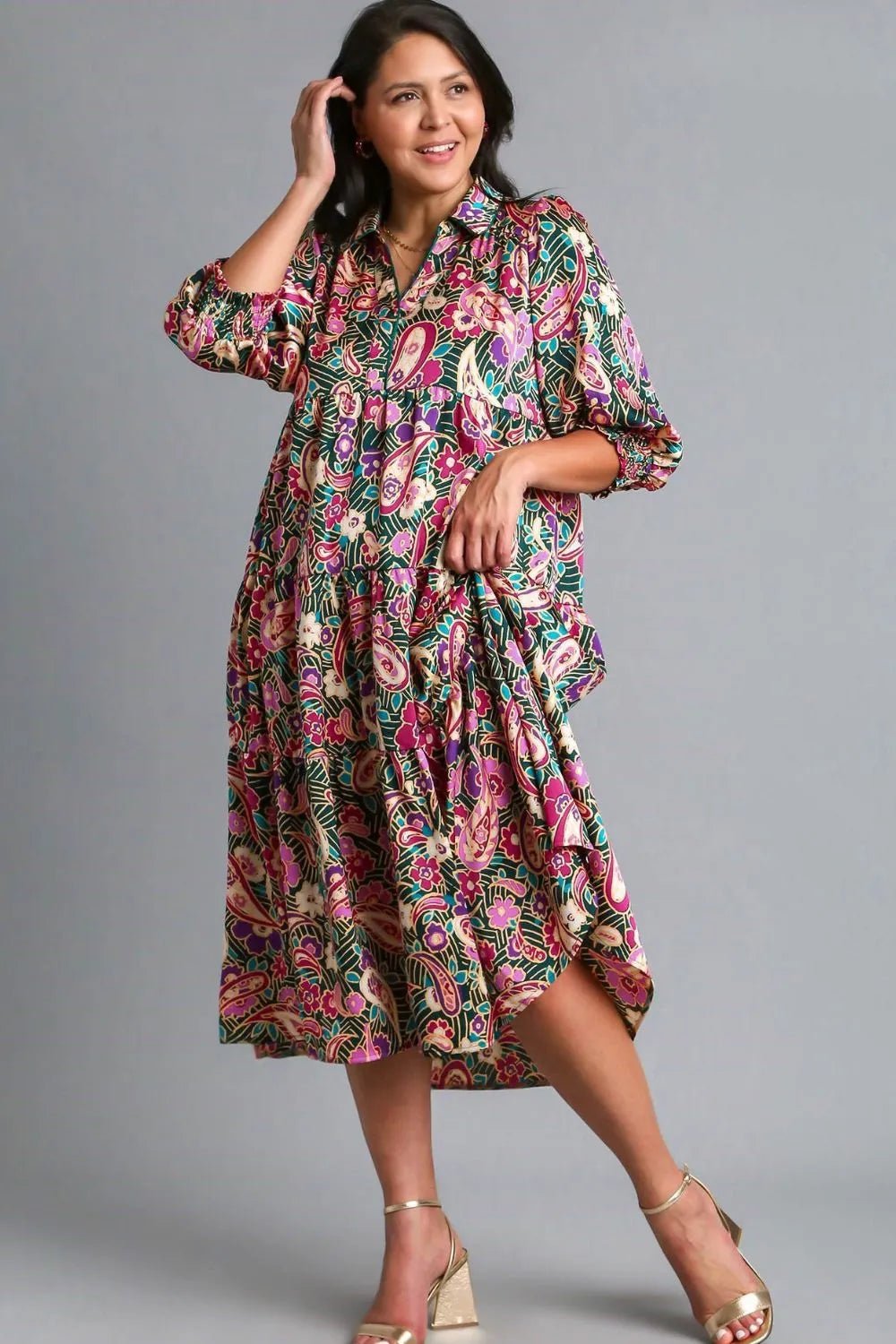 Umgee Full Size Paisley Print Satin Tiered Midi Dress Plus Size - Blu Lotus Boutique