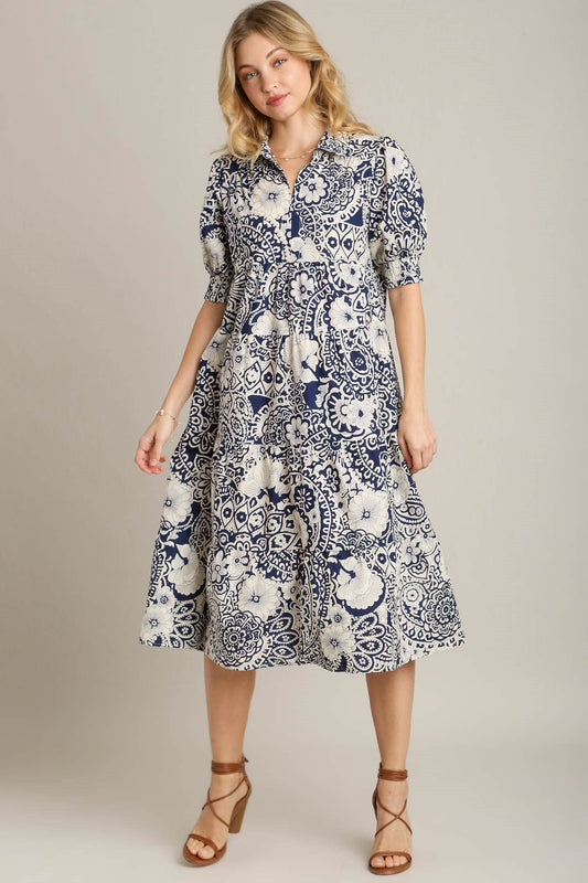 Umgee Full Size Printed Smocked Cuff Puff Sleeve Midi Dress Plus Size - Blu Lotus Boutique