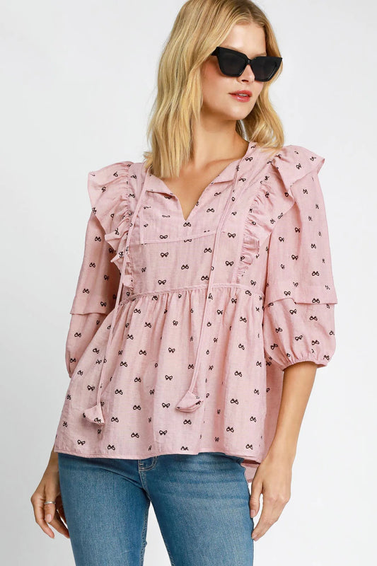 Umgee Full Size Ruffled Bow Print Tie Neck Peplum Blouse Plus Size - Blu Lotus Boutique
