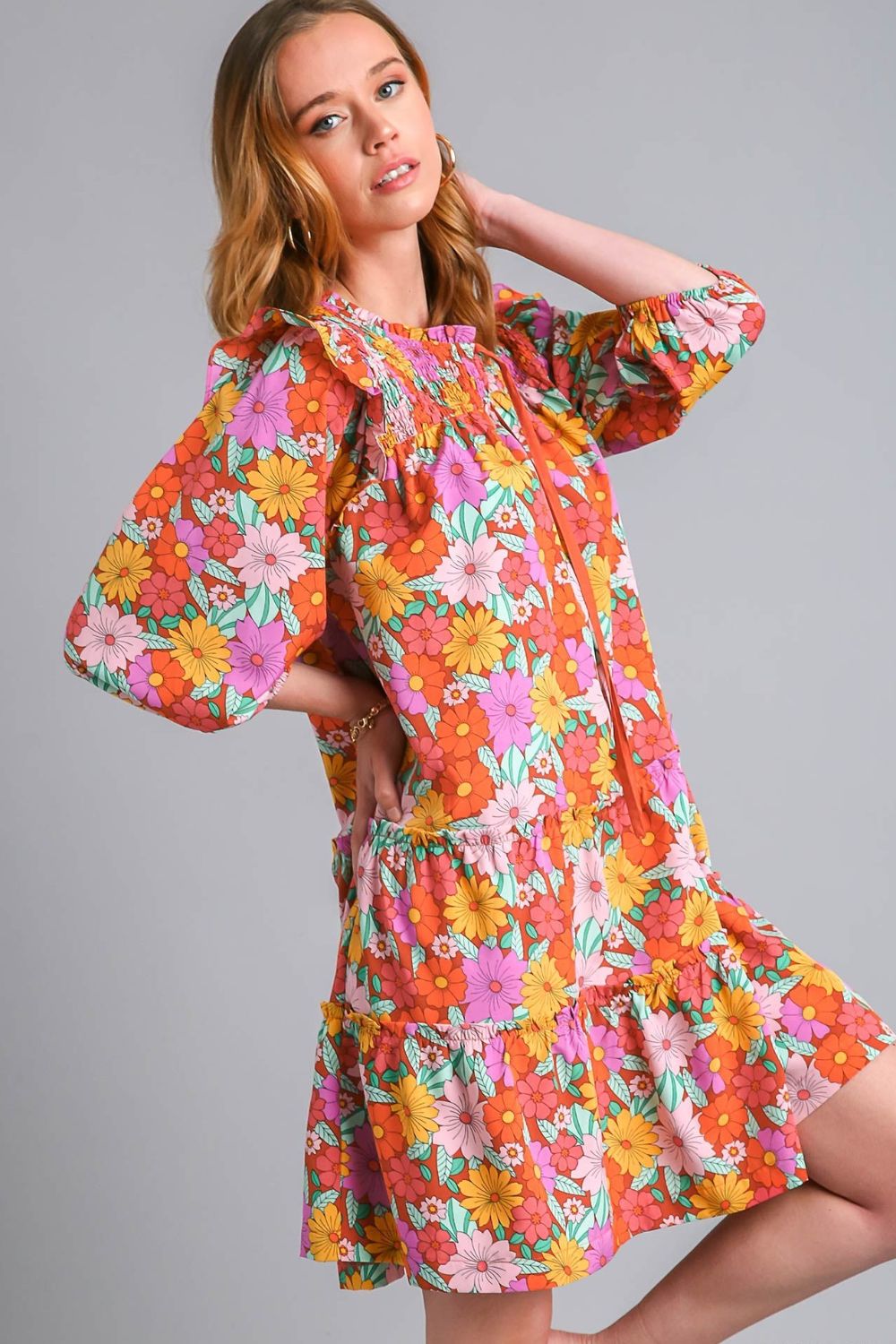 Umgee Full Size Ruffled Flower Print Tie Neck Tiered Dress Plus Size - Blu Lotus Boutique