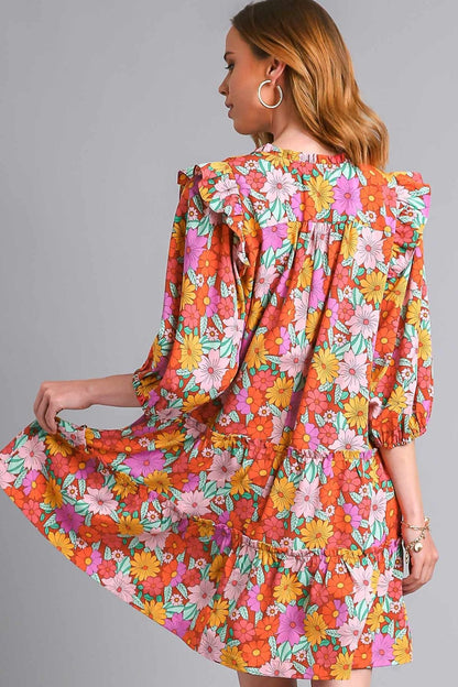 Umgee Full Size Ruffled Flower Print Tie Neck Tiered Dress Plus Size - Blu Lotus Boutique