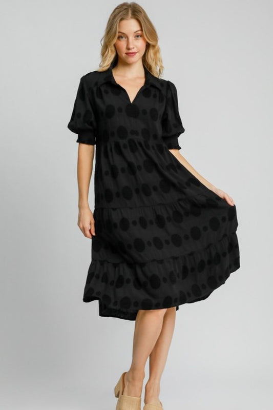 Umgee Full Size Swiss Dot Jacquard Tiered Midi Dress Plus Size - Blu Lotus Boutique