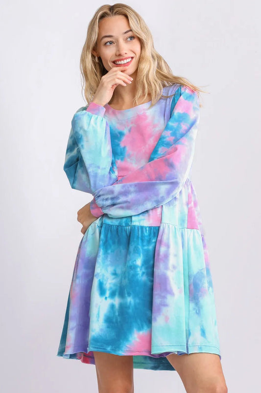 Umgee Full Size Tie Dye Round Neck Long Sleeve Babydoll Tiered Dress Plus Size - Blu Lotus Boutique