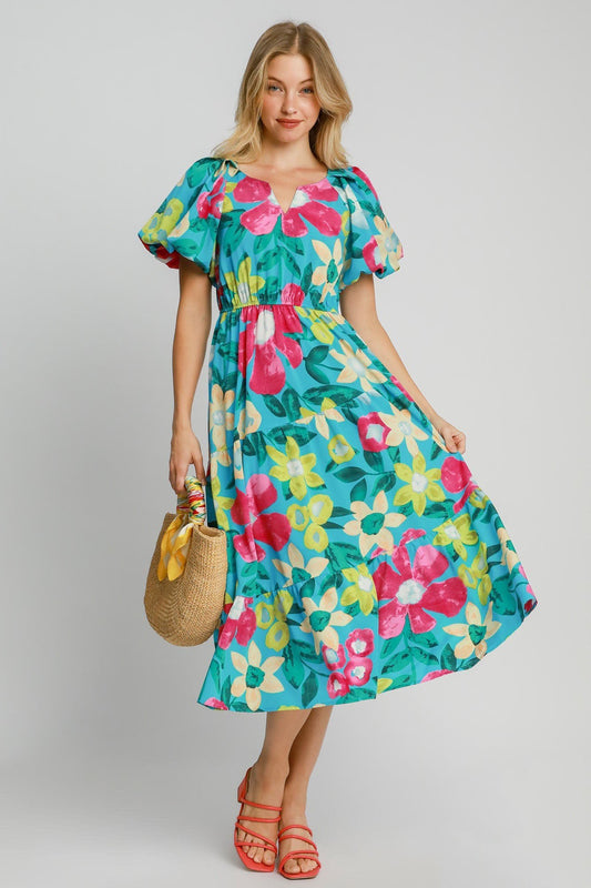 Umgee Full Size Tiered Floral Print Notched Puff Sleeve Midi Dress Plus Size - Blu Lotus Boutique