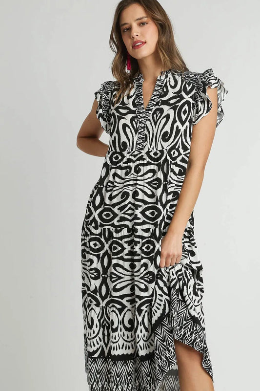 Umgee Full Size Two Tone Border Print Ruffle Cap Sleeve Midi Dress Plus Size - Blu Lotus Boutique