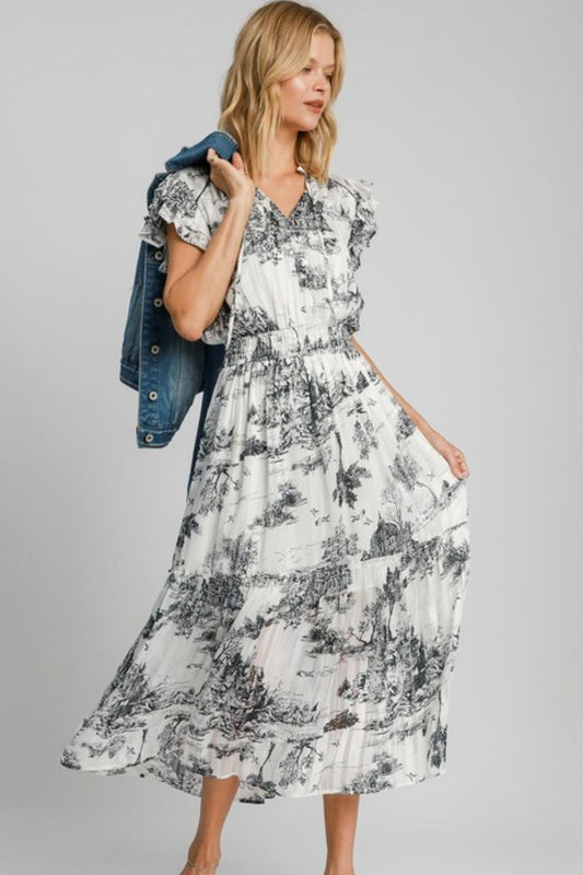 Umgee Full Size Two Tone Landscape Print Midi Dress Plus Size - Blu Lotus Boutique