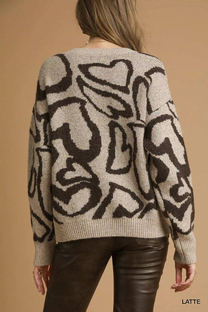 Umgee Heart Print Crew Neck Sweater - Blu Lotus Boutique