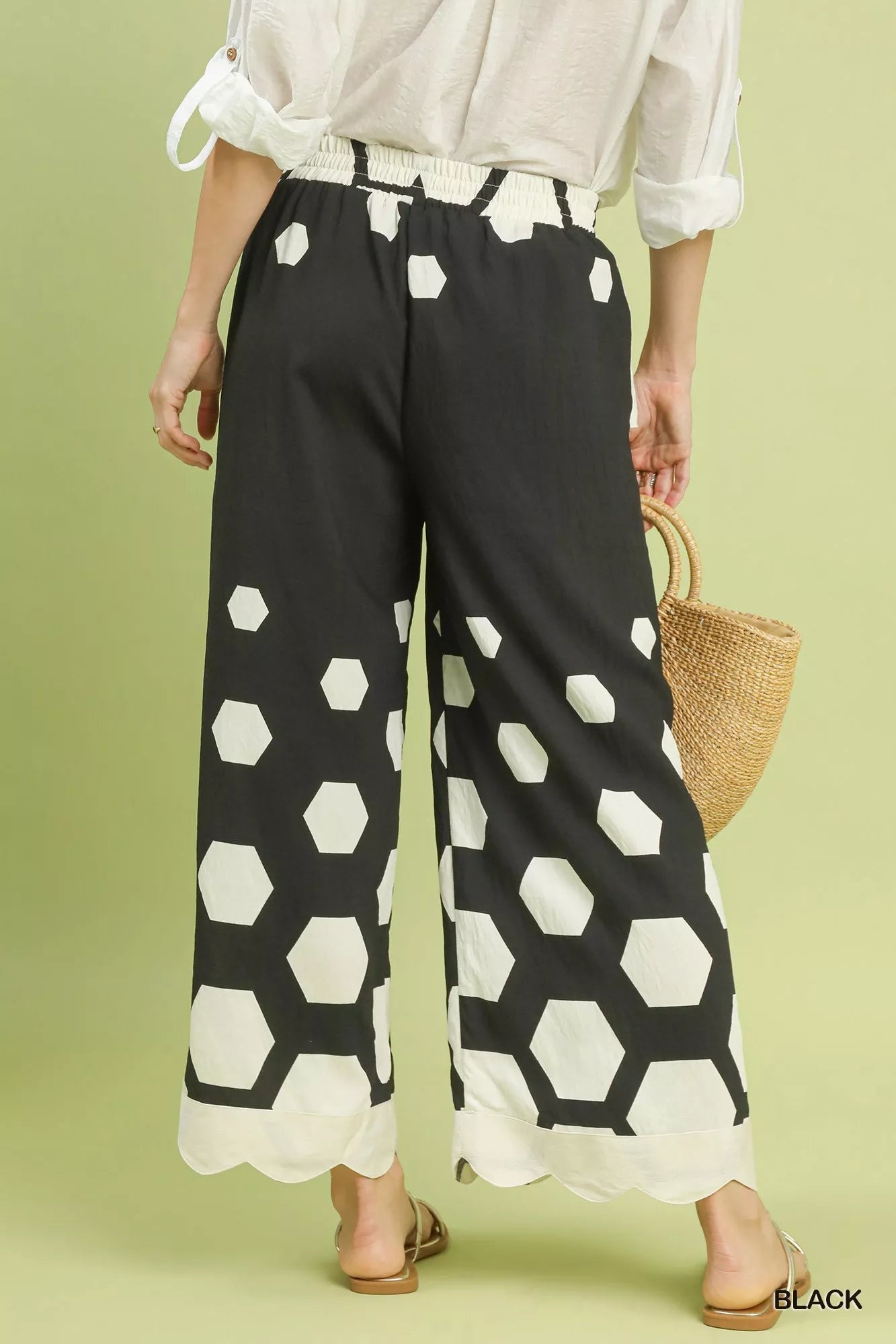 Umgee Hexagon Print Wide Leg Pants with Scalloped Hem - Blu Lotus Boutique