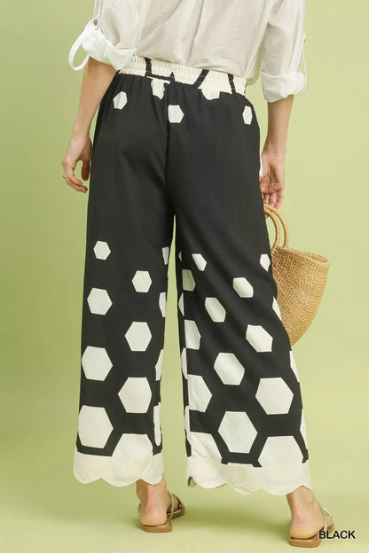 Umgee Hexagon Print Wide Leg Pants with Scalloped Hem - Blu Lotus Boutique
