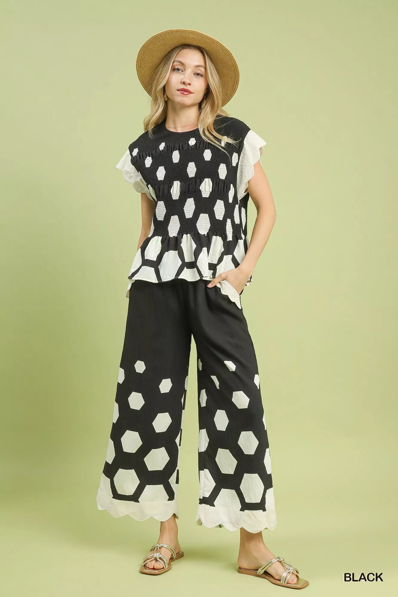 Umgee Hexagon Print Wide Leg Pants with Scalloped Hem - Blu Lotus Boutique